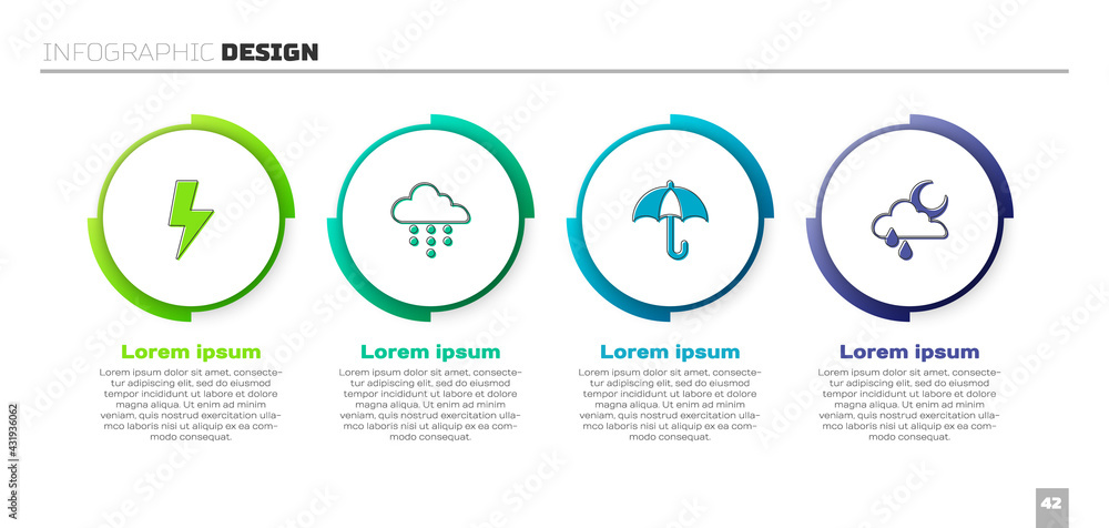 设置闪电、带雨的云、雨伞和月亮。商业信息图模板。矢量