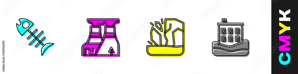 设置死鱼、核电站、冰川融化和房屋洪水图标。矢量