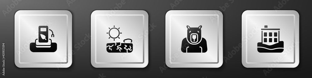 Set Petrol or gas station, Drought, Polar bear head and House flood icon. Silver square button. Vect