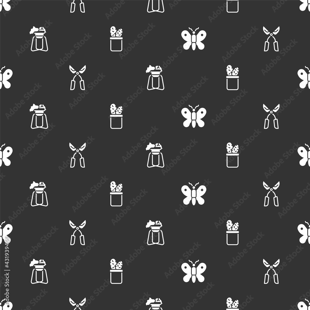 Set Butterfly, Gardening handmade scissors, Plant on stand and Cactus peyote pot on seamless pattern