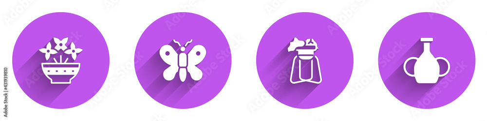 Set Flower in vase, Butterfly, Plant on stand and Vase icon with long shadow. Vector