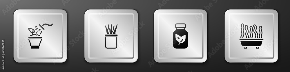 Set Spraying plant, Plant pot, Fertilizer bottle and icon. Silver square button. Vector