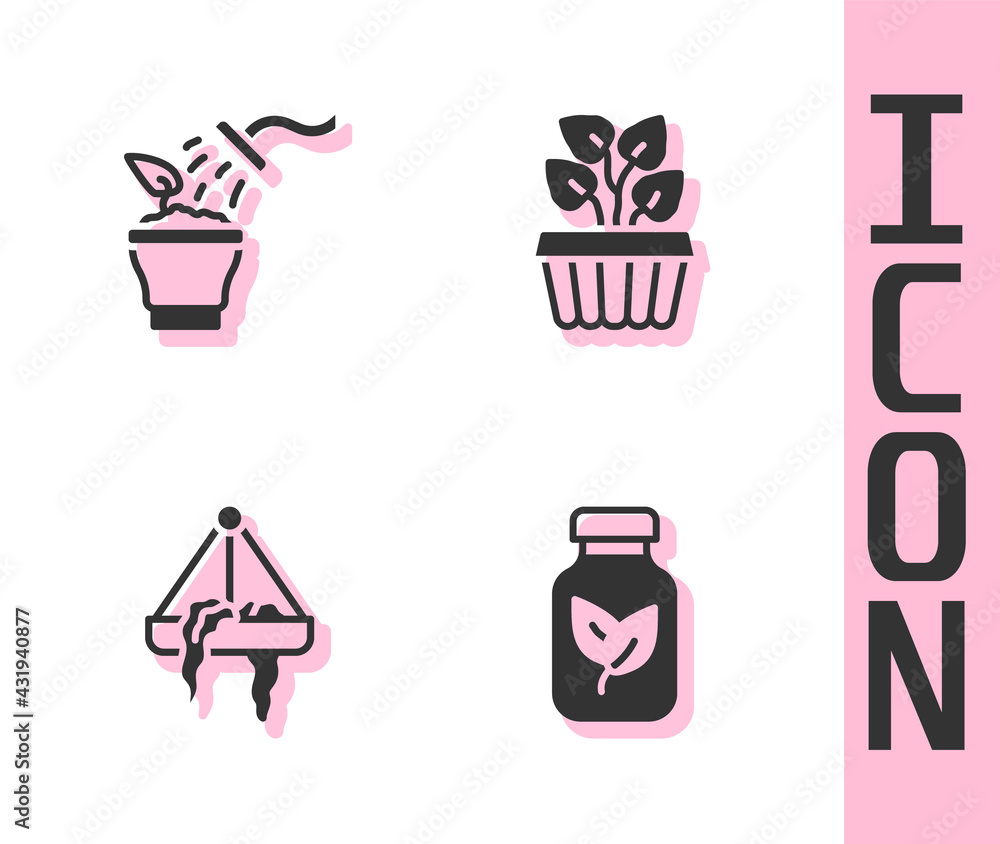 Set Fertilizer bottle, Spraying plant, Plant hanging pot and Indoor ivy icon. Vector