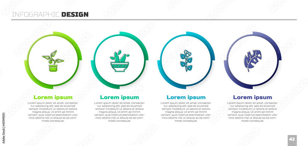 Set Plant in pot, Cactus peyote, Ivy branch and Tropical leaves. Business infographic template. Vect