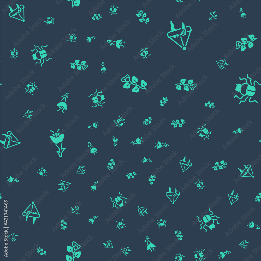 Set Ivy branch, Plant in hanging pot, Flower and Beetle bug on seamless pattern. Vector