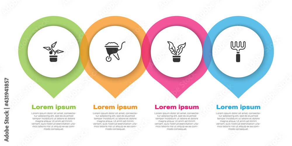 把植物放在花盆里，用手推车把泥土和花园耙子。商业信息图模板。Vector