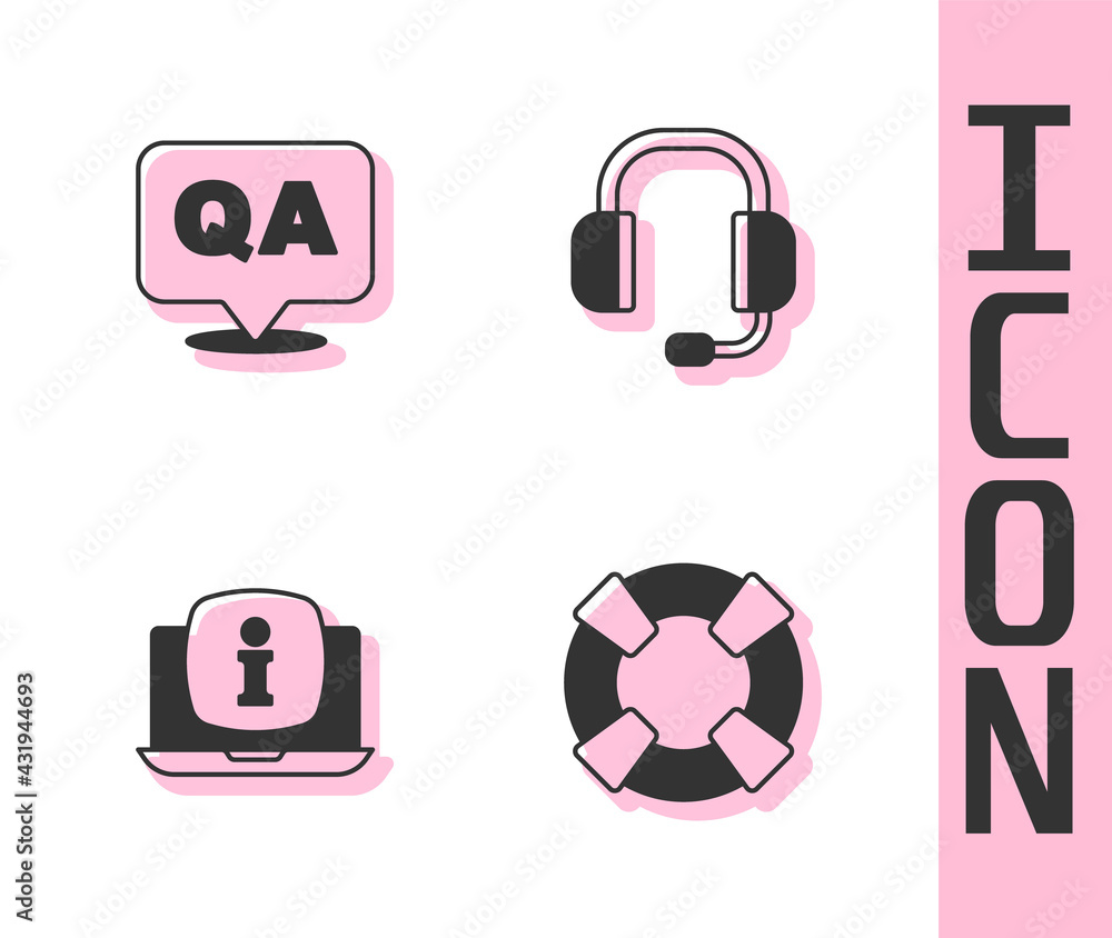 Set Lifebuoy, Question and Answer, Laptop with information and Headphones icon. Vector