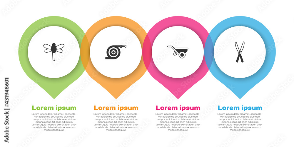 设置蜻蜓、花园软管、带泥土的手推车和园艺手工剪刀。商业信息图