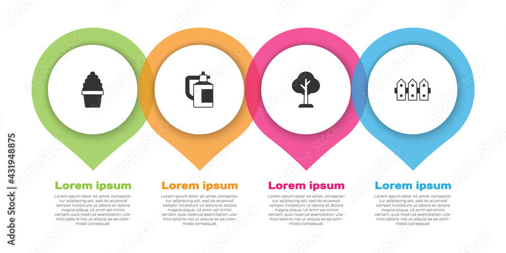 Set Cactus peyote in pot, Garden sprayer for fertilizer, Forest and fence wooden. Business infograph