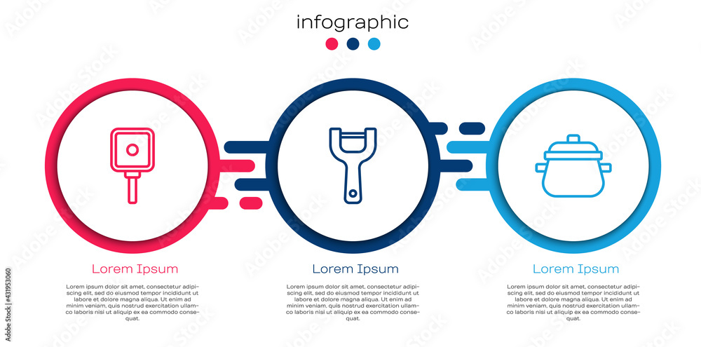 套装煎锅、蔬菜削皮器和烹饪锅。商业信息图模板。矢量