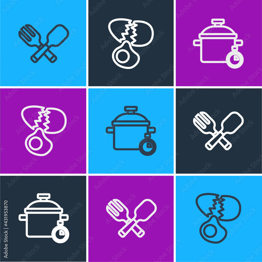 Set line Crossed fork and spoon, Cooking pot and Broken egg icon. Vector