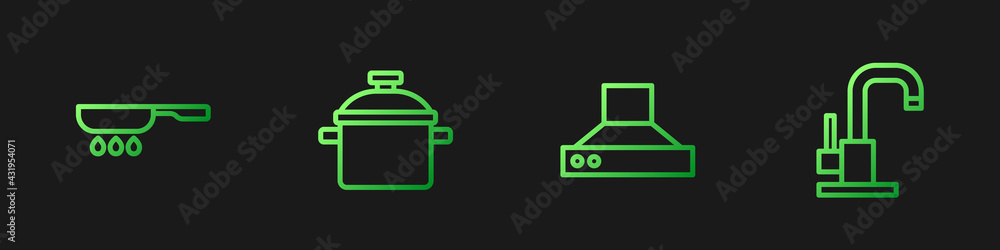 设置厨房抽风机、煎锅、烹饪锅和水龙头。渐变色图标。矢量
