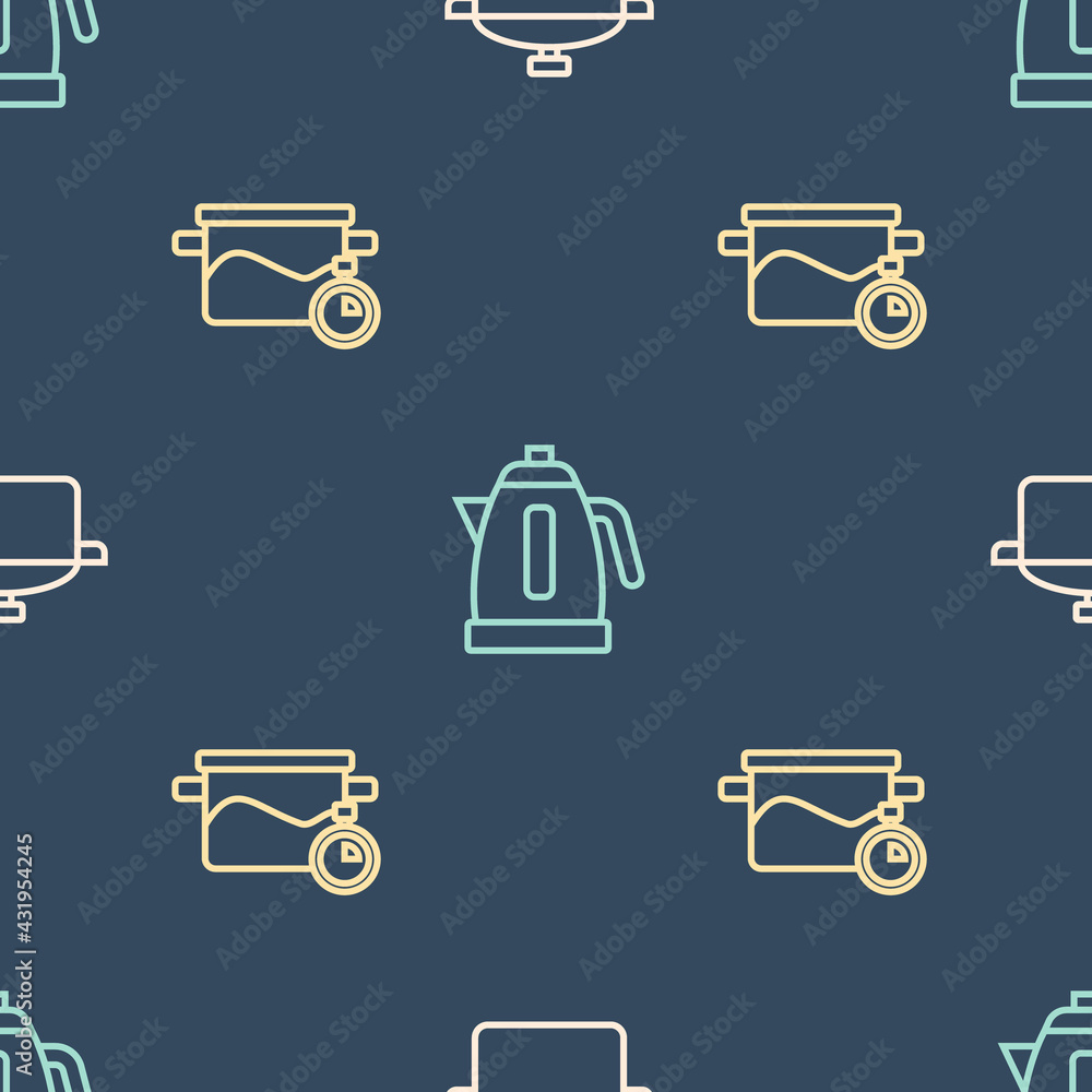 Set line Cooking pot, and Electric kettle on seamless pattern. Vector