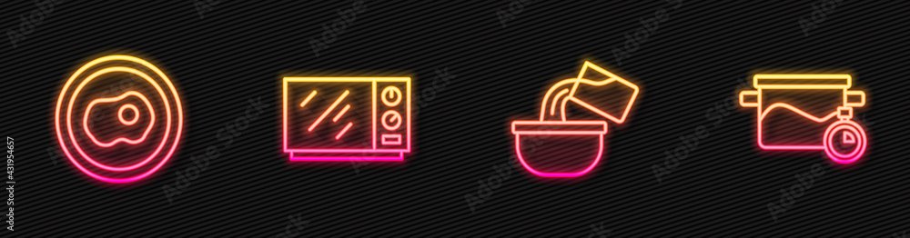 Set line Saucepan, Scrambled eggs, Microwave oven and Cooking pot. Glowing neon icon. Vector