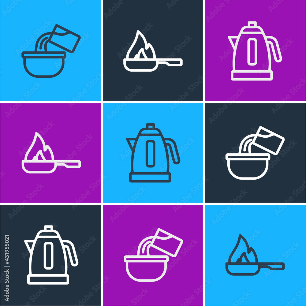 Set line Saucepan, Electric kettle and Frying icon. Vector