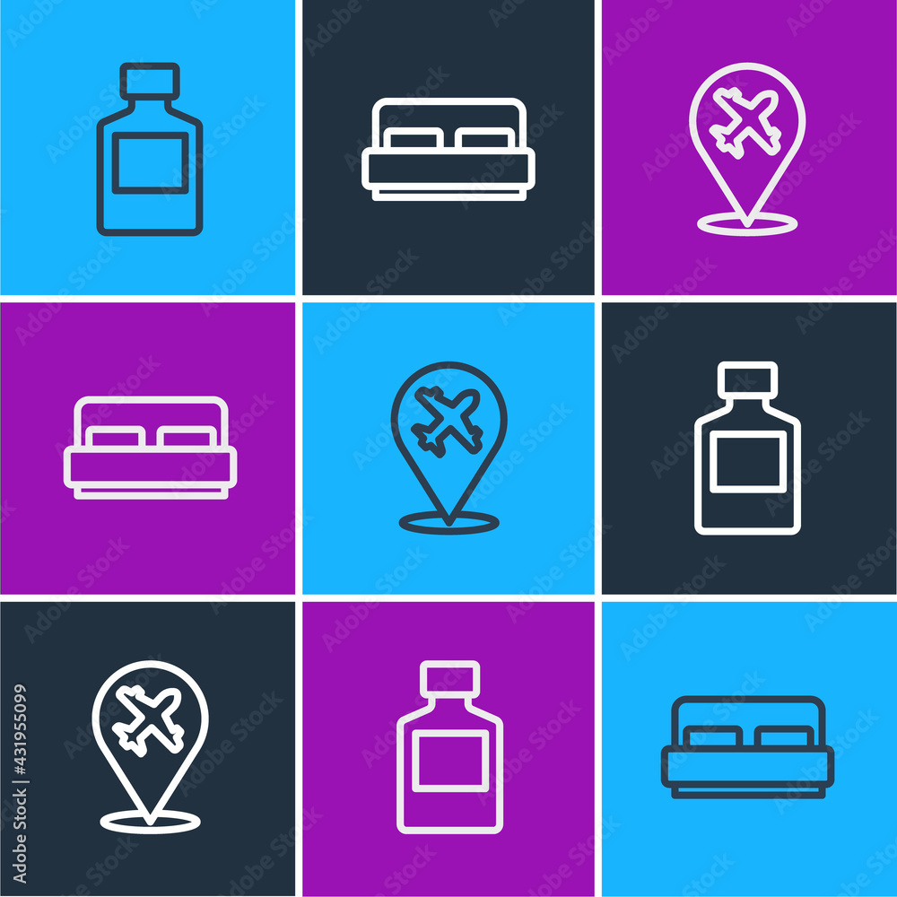 Set line Whiskey bottle, Plane and Hotel room bed icon. Vector