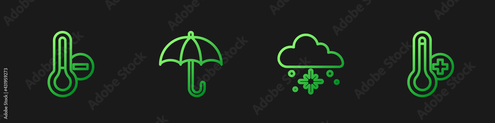 Set line Cloud with snow, Meteorology thermometer, Umbrella and . Gradient color icons. Vector