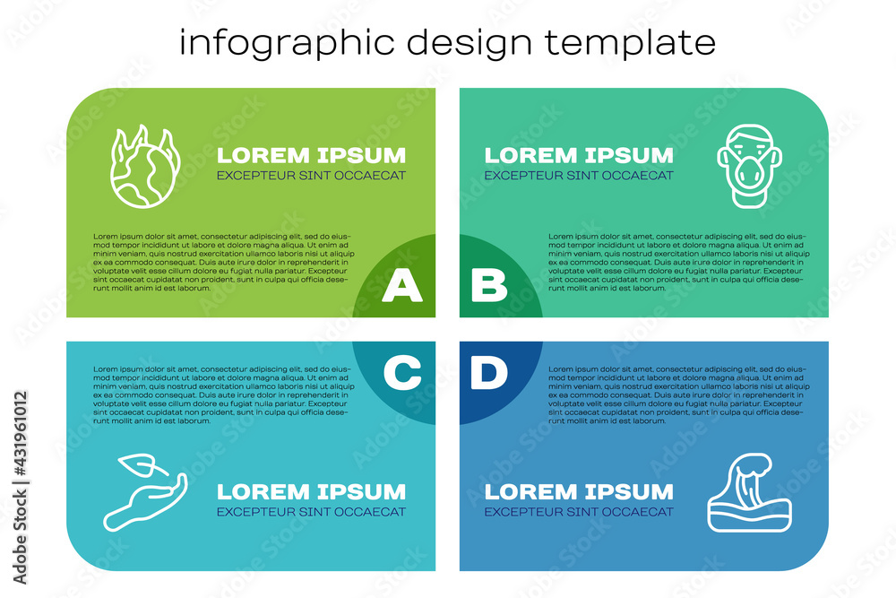 Set line Sprout in hand, Global warming fire, Tsunami and Face protective mask. Business infographic