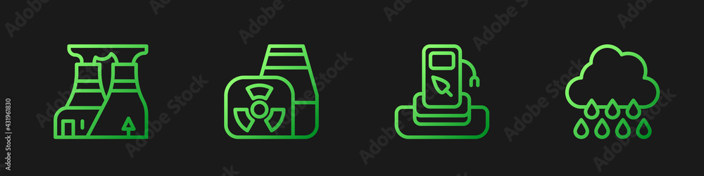 Set line Petrol or gas station, Nuclear power plant, and Cloud with rain. Gradient color icons. Vect