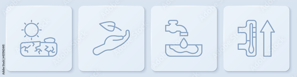 Set line Drought, Water problem, Sprout in hand and Global warming. White square button. Vector