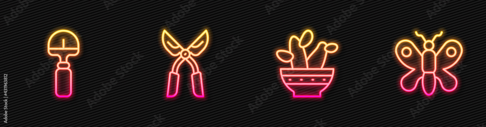 Set line Cactus peyote in pot, Shovel, Gardening handmade scissors and Butterfly. Glowing neon icon.