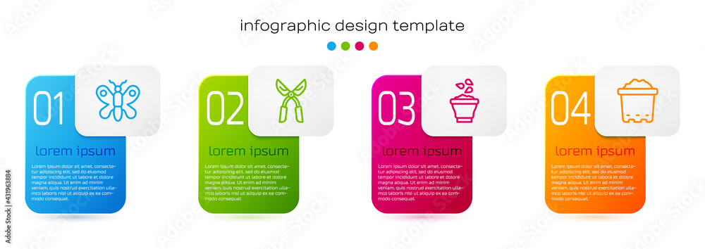 Set line Butterfly, Gardening handmade scissors, Seeds bowl and Pot with soil. Business infographic 