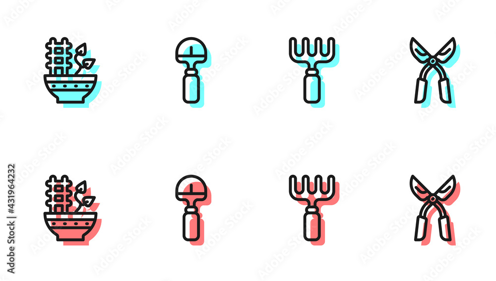 Set line Garden rake, Plant in pot, Shovel and Gardening handmade scissors icon. Vector