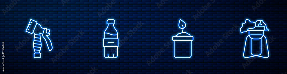 Set line Sprout in bottle, Water spray, Bottle of water and Plant on stand. Glowing neon icon on bri