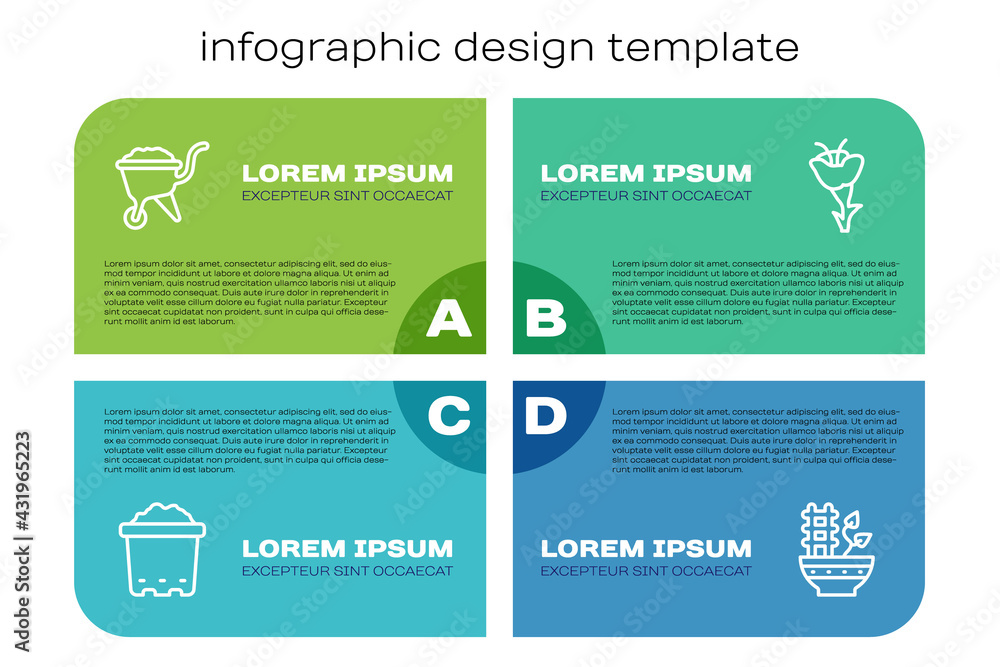 Set line Pot with soil, Wheelbarrow dirt, Plant in pot and Flower. Business infographic template. Ve