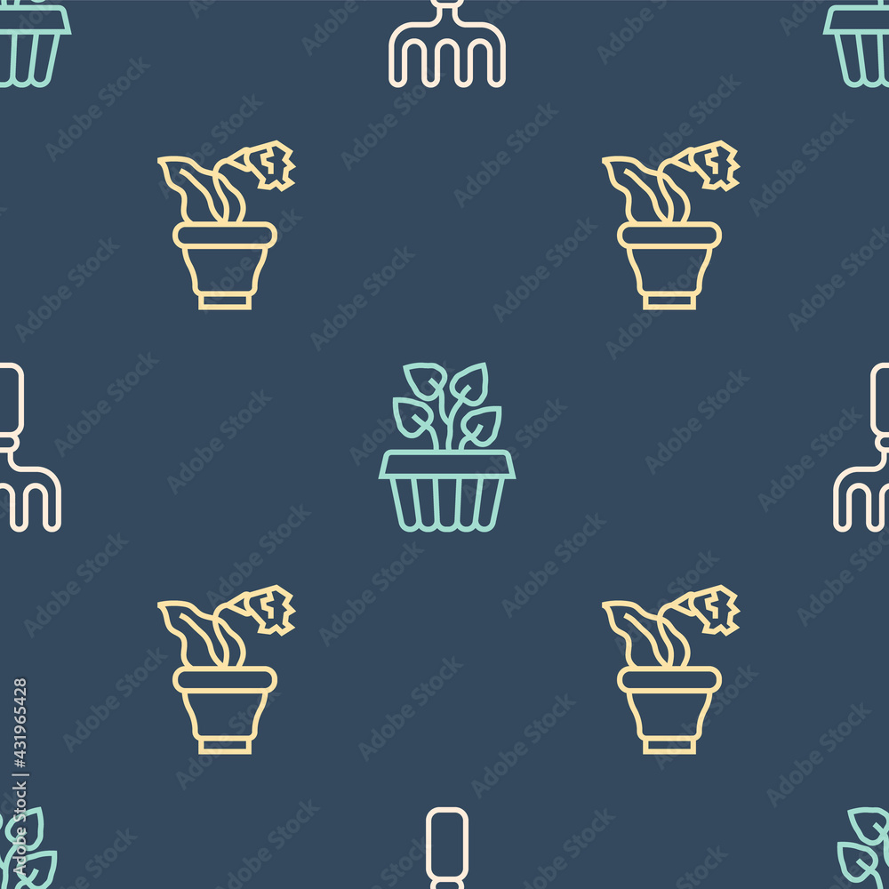 Set line Garden rake, Flower in pot and Indoor plant ivy on seamless pattern. Vector