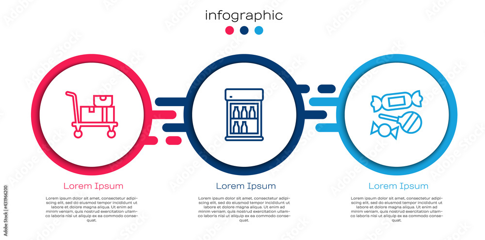 装配线手推车和箱子，商用冰箱和糖果。商业信息图模板。Vec
