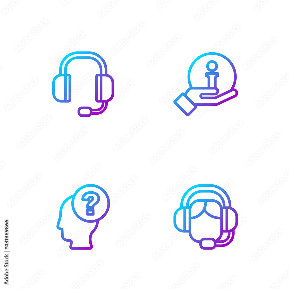 Set line Woman with a headset, Head question mark, Headphones and Information. Gradient color icons.