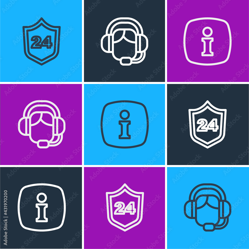 Set line Telephone 24 hours support, Information and Woman with headset icon. Vector