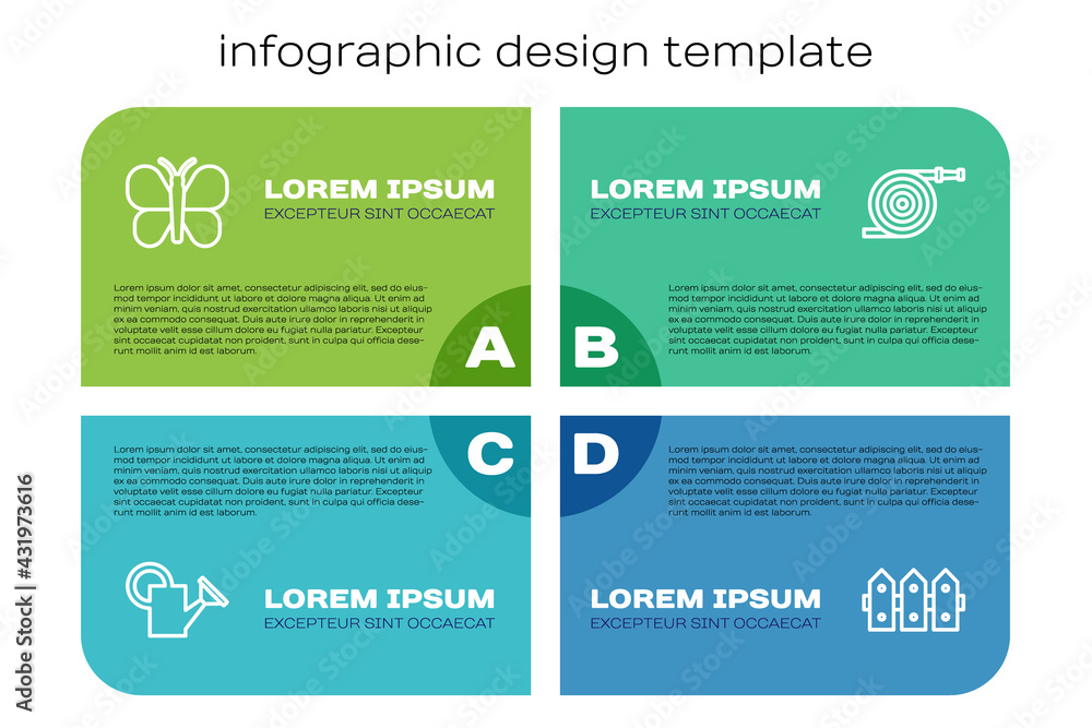 设置线水箱，蝴蝶，花园围栏木制和软管。商业信息图模板。Vecto