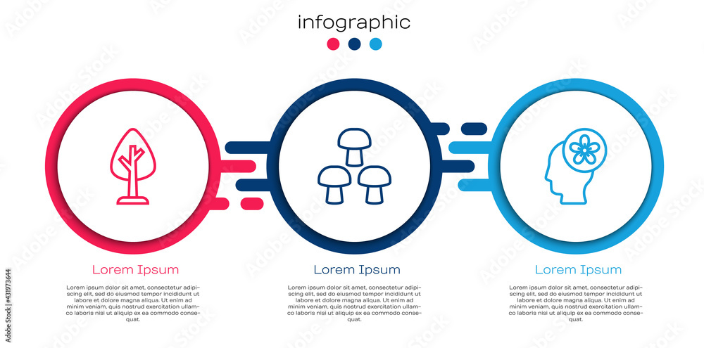 设置森林、蘑菇和人头线，内有花朵。商业信息图模板。矢量