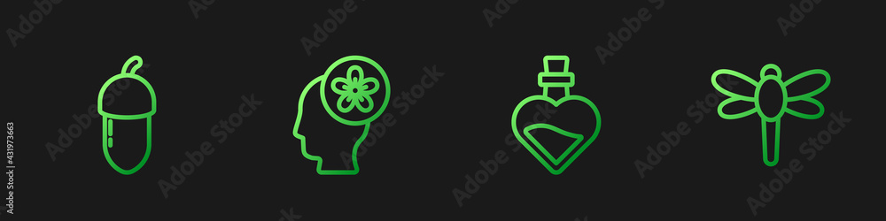 Set line Bottle with love potion, Acorn, Human head flower inside and Dragonfly. Gradient color icon