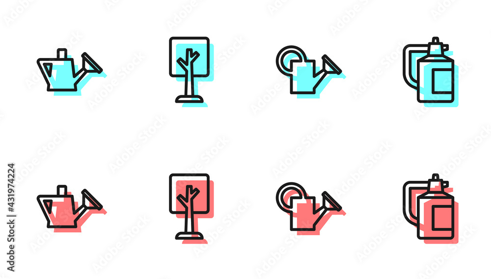为肥料图标设置线浇水罐、森林和花园喷雾器。矢量