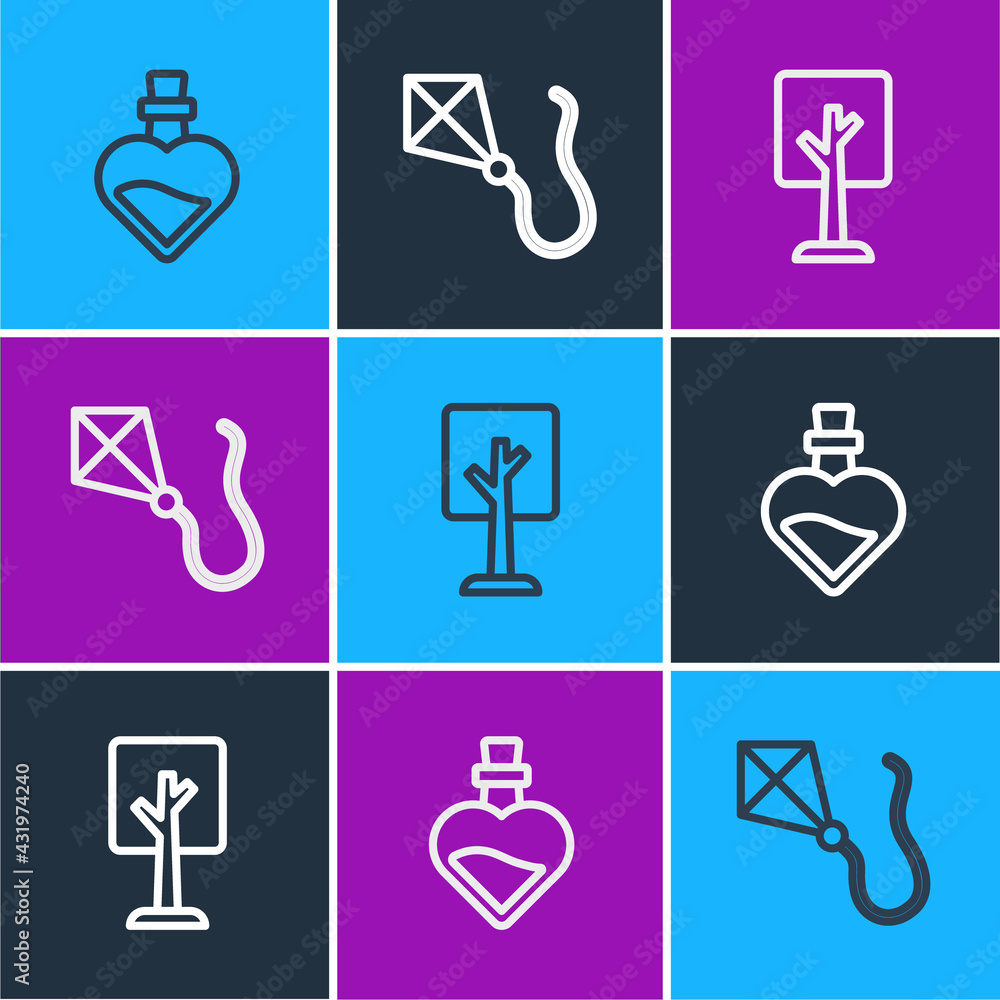 Set line Bottle with love potion, Forest and Kite icon. Vector