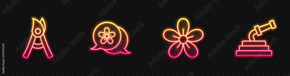 Set line Flower, Gardening handmade scissors, and hose. Glowing neon icon. Vector