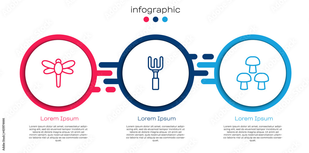 Set line Dragonfly, Garden rake and Mushroom. Business infographic template. Vector