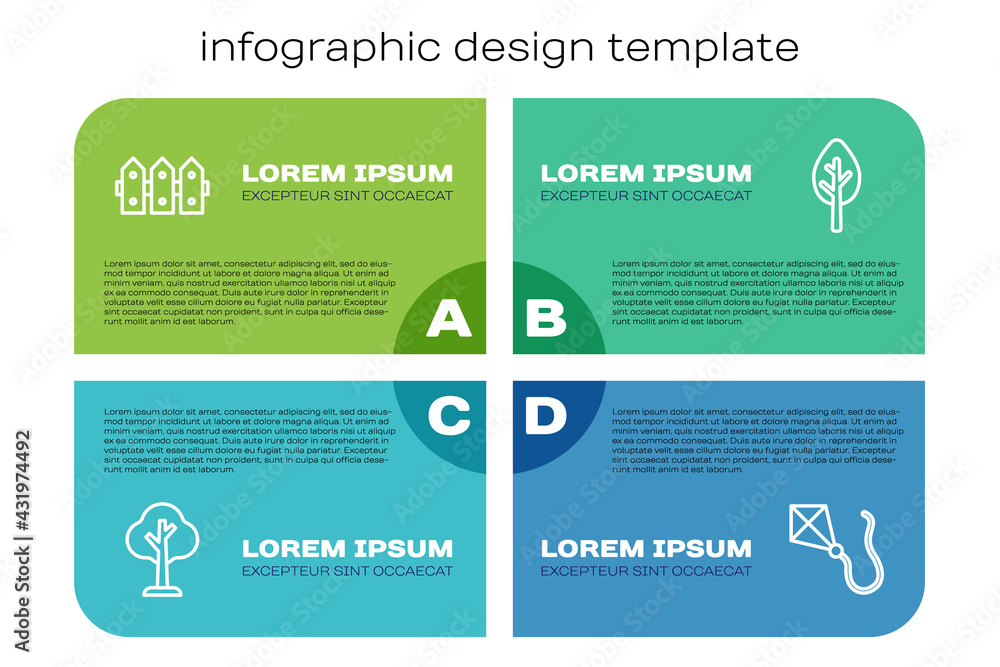 Set line Forest, Garden fence wooden, Kite and . Business infographic template. Vector