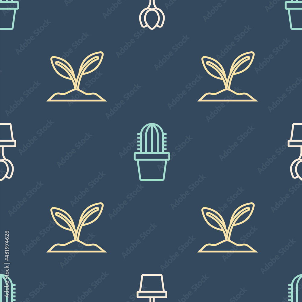 Set line Flower tulip in pot, Sprout and Cactus peyote on seamless pattern. Vector