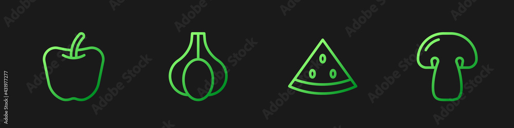 Set line Watermelon, Apple, Garlic and Mushroom. Gradient color icons. Vector