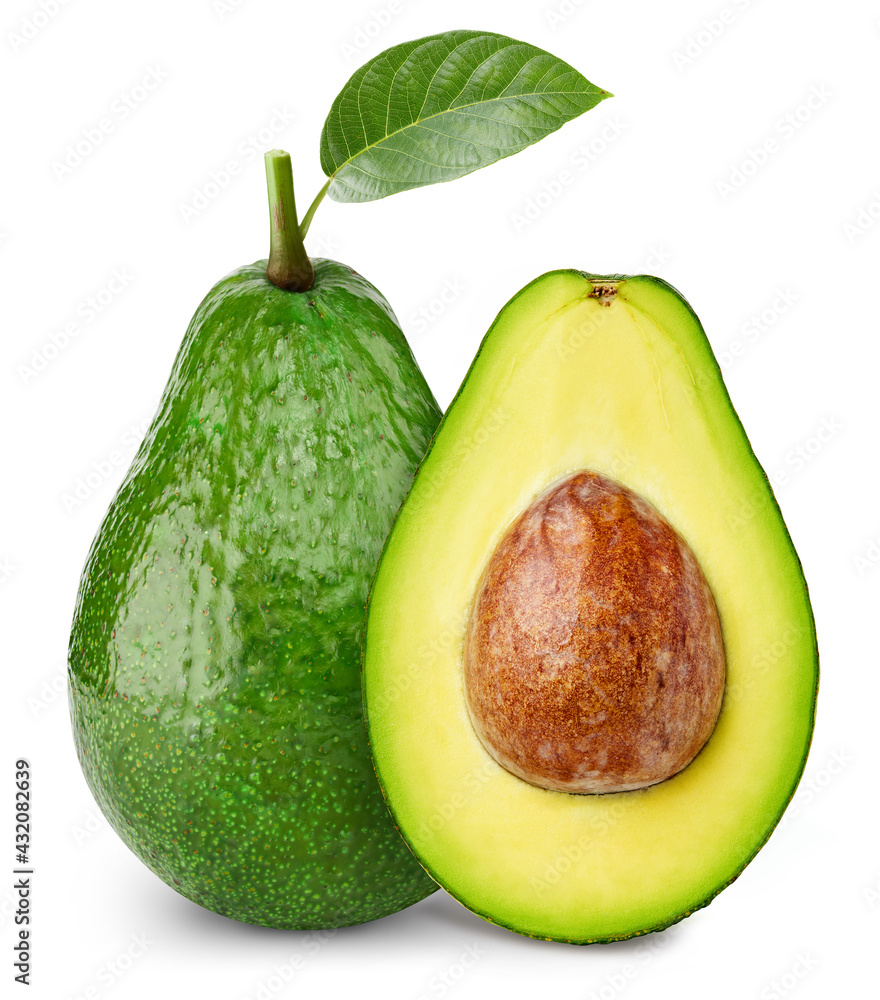 Fresh organic avocado with leaves isolated clipping path