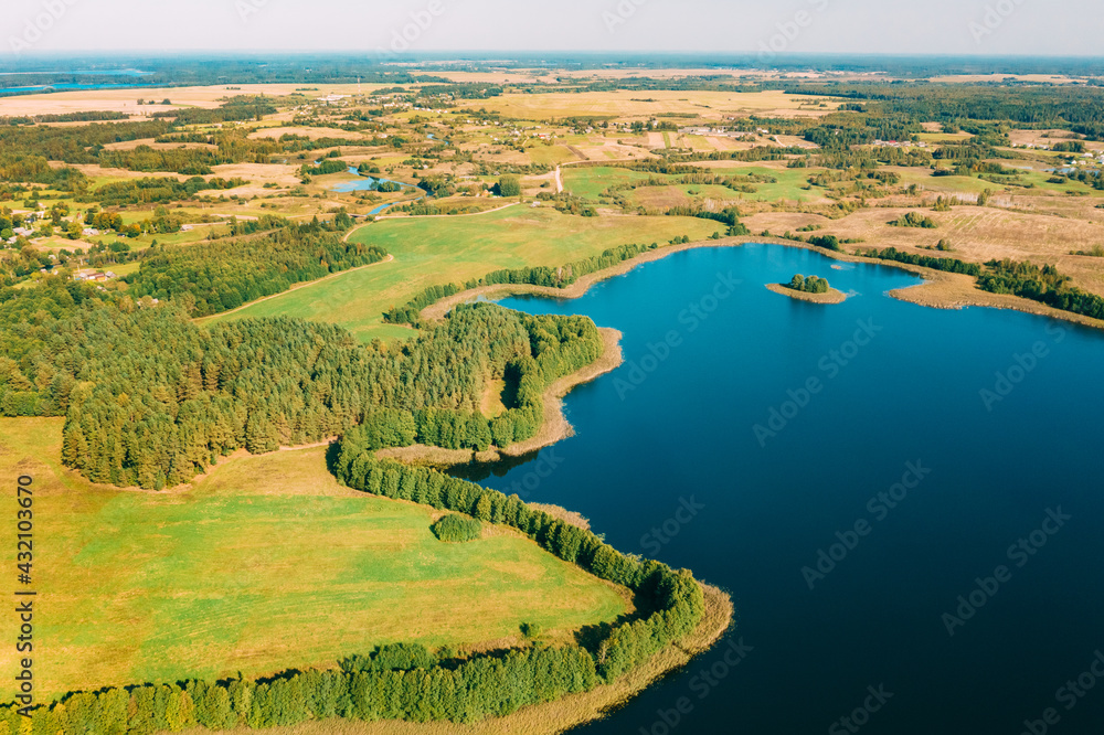 Braslaw District, Vitebsk Voblast, Belarus. Aerial View Of Nedrovo Lake, Green Forest Landscape. Top