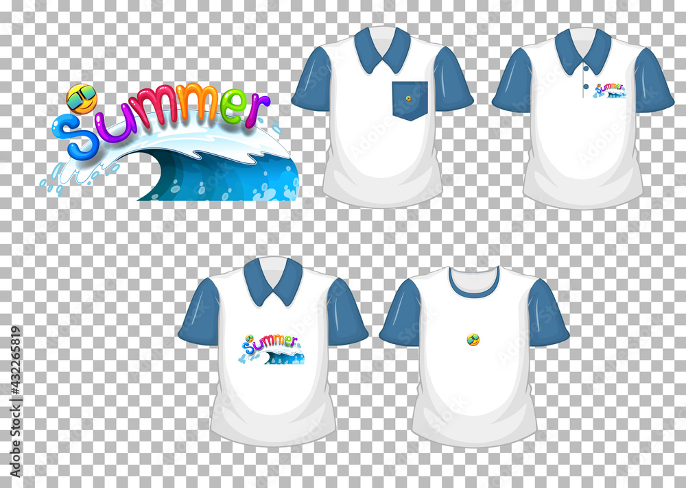 Summer font logo design for shirts with set of different shirts isolated on transparent background