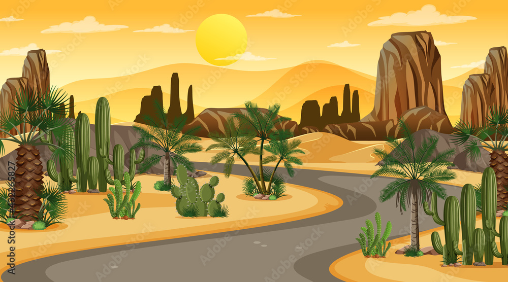 Long road through desert forest landscape at sunset time scene