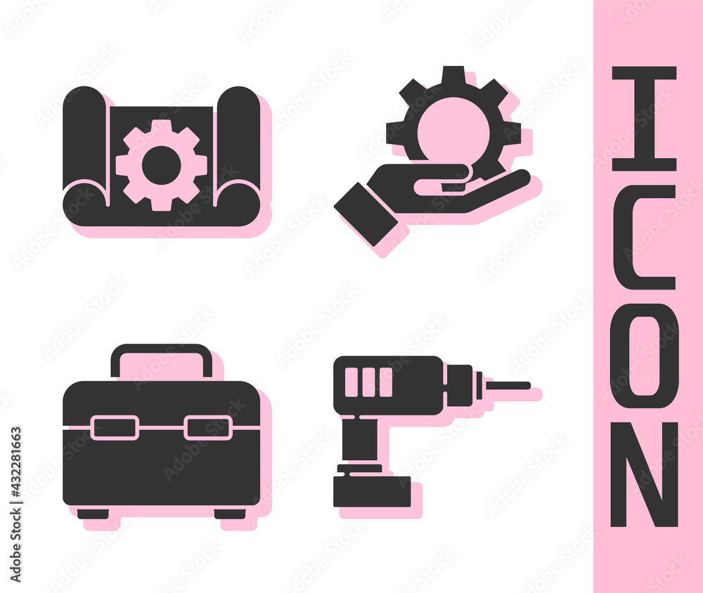 Set Electric drill machine, Graphing paper and gear, Toolbox and Settings in the hand icon. Vector