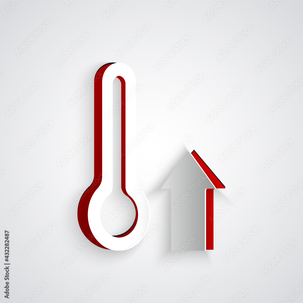 Paper cut Meteorology thermometer measuring icon isolated on grey background. Thermometer equipment 