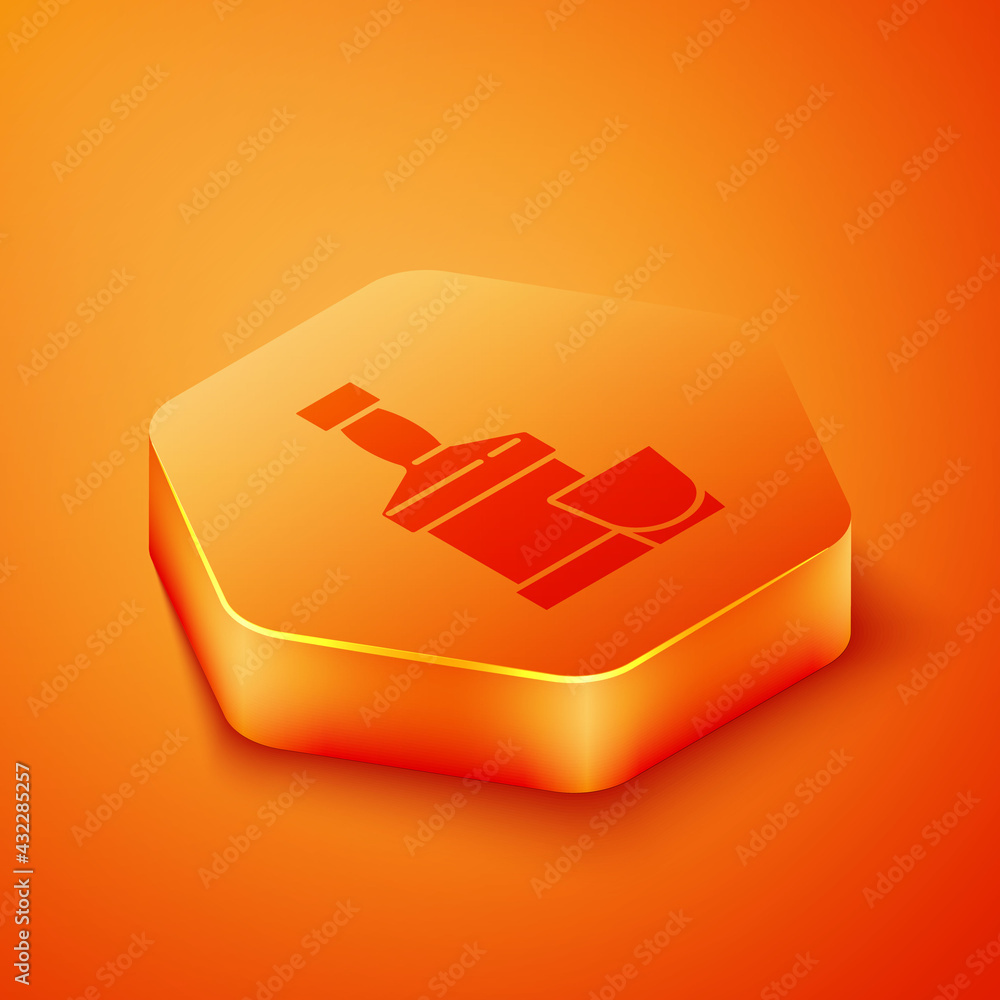 Isometric Whiskey bottle and glass icon isolated on orange background. Orange hexagon button. Vector